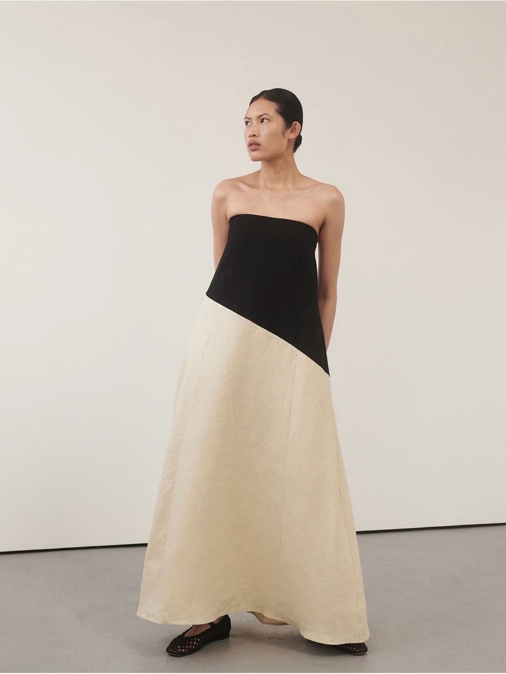 DISSH Kalani Black and Cream Colorblock Strapless Linen Maxi Dress Sz 4